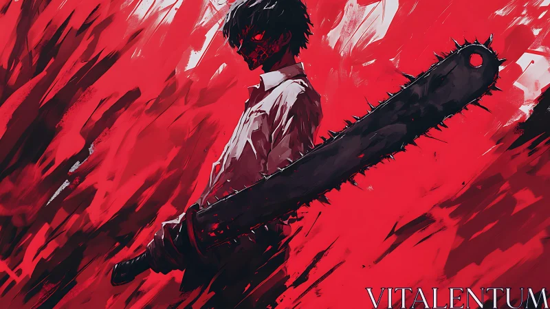 Dynamic low-angle anime figure wields spiked chainsaw in red field