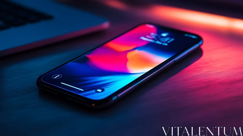 Smartphone displaying gradient interface under directional neon lighting