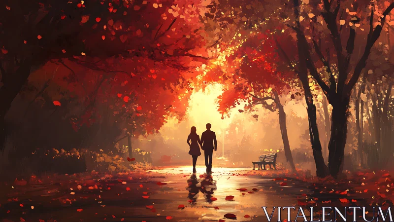 Two Figures Walk Through Autumn Forest at Sunset.