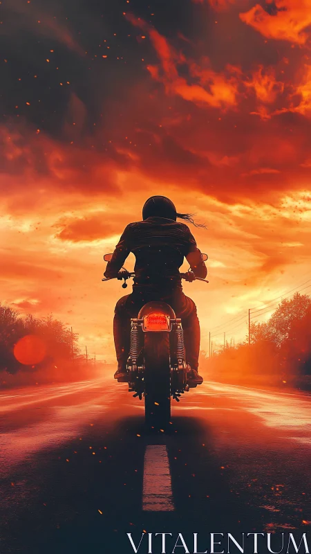 Rear-view motorcyclist on highway under blazing ember sky