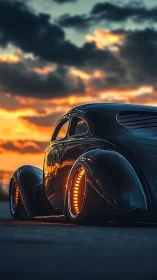 Sunset-low cruiser coupe with molten halo wheels purring.