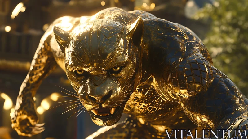 Gilded Metallic Panther Sculpture: Dramatic Lighting.