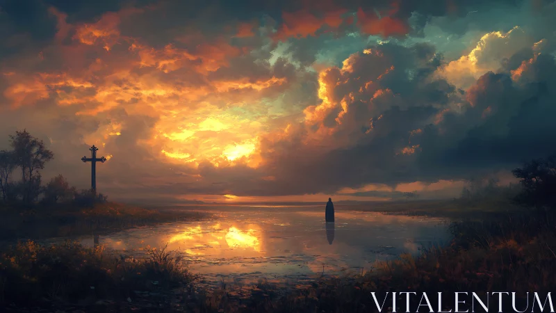 Solitary figure by lake under dense sunset storm clouds.