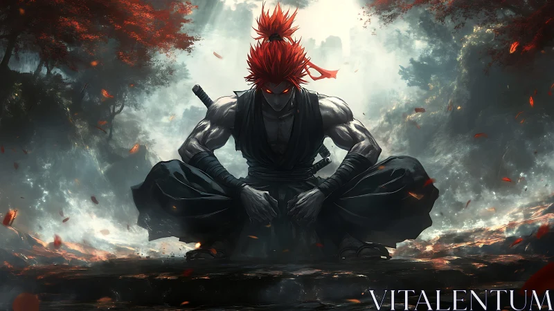 Red haired swordsman crouched in misty forest clearing.