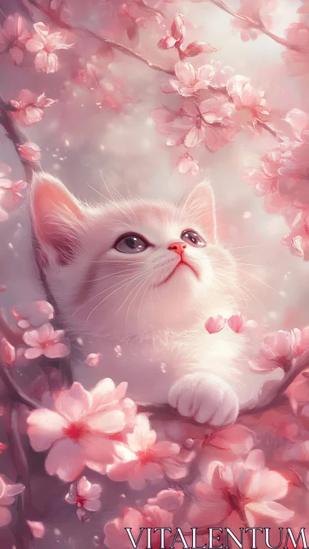 Feline Portrait Amid Pink Cherry Blossom Florals with Soft Light Diffusion.