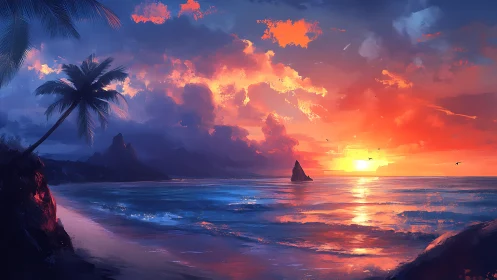 Vivid tropical beach sunset with glowing ocean sky