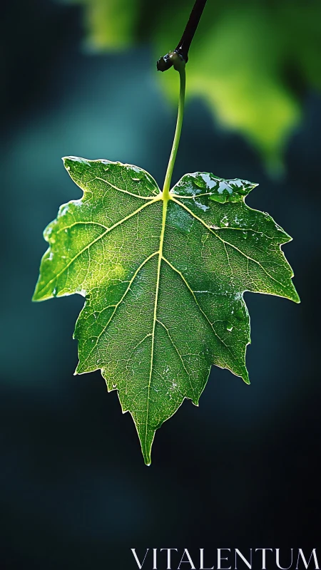 Macro analysis of single wet maple leaf with high edge contrast