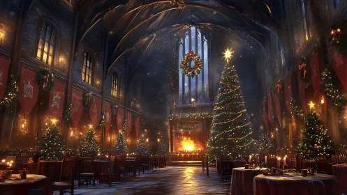 Cathedral-high banquet hall shimmers under enchanted Christmas glow