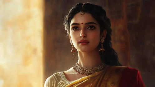 Portrait of woman in traditional attire, warm side lighting.