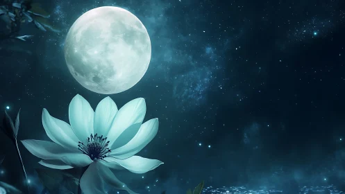 Moonlit lotus under deep blue celestial night sky.