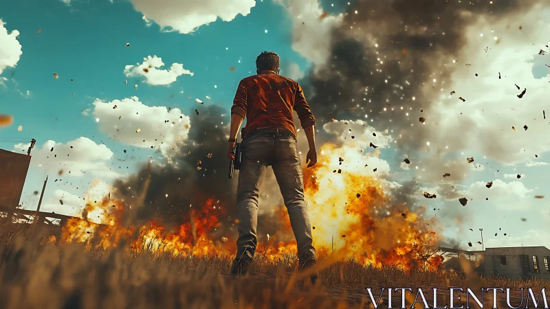 Lone gunman strides toward blazing cinematic explosion backdrop.