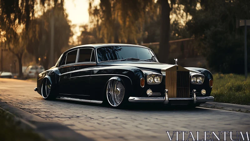 Low-slung classic luxury sedan on quiet paved street.