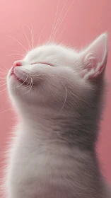 White cat's face tilted upward against soft pink background.