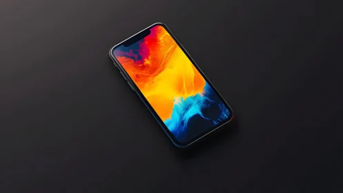 Modern smartphone with vibrant abstract wallpaper on dark surface.