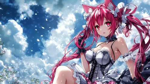 Skyward cat-eared girl relaxes under drifting spring clouds