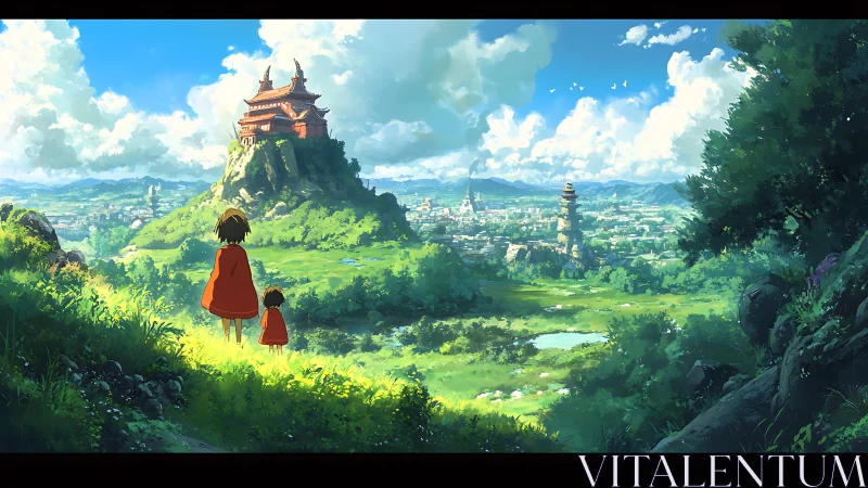 Cloaked wanderers gazing toward a hilltop sky-temple dreamscape.