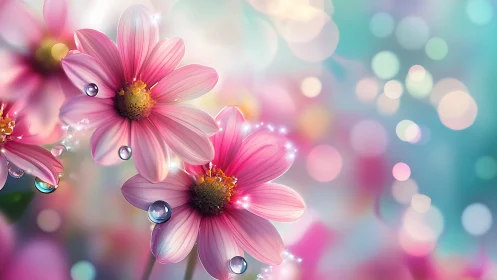 Delicate Pink Cosmos Flowers Sparkle with Morning Dewdrops