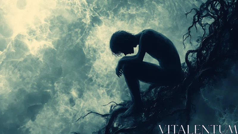 Brooding silhouette nested in stormlit roots of memory.