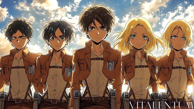 Determined anime squad standing together under glowing skies.