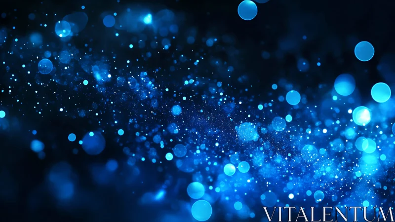 Blue bokeh particles drift through deep cosmic darkness.