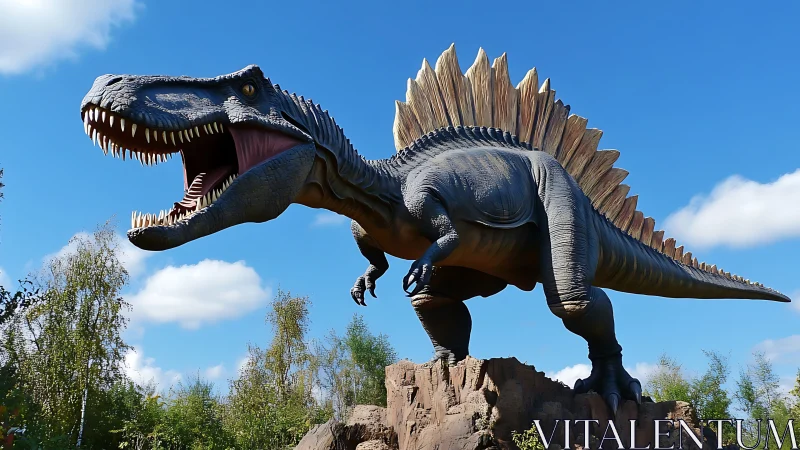 Large spiked dinosaur statue on rocky hill under blue sky.