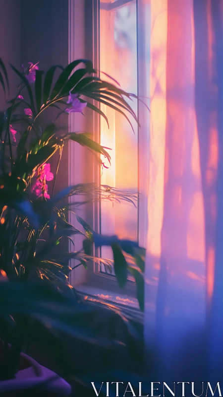 Indoor plant by window in soft pink and blue sunset light.