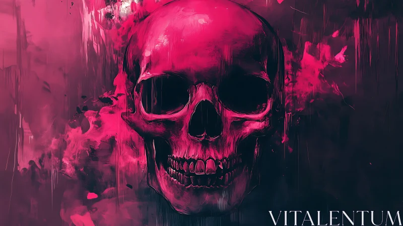 Neon skull floats in crimson smoke and digital shadows.