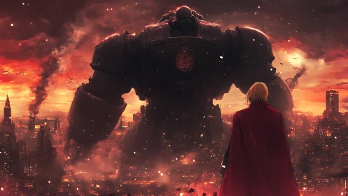 Red cloaked hero confronts towering robot over burning city.