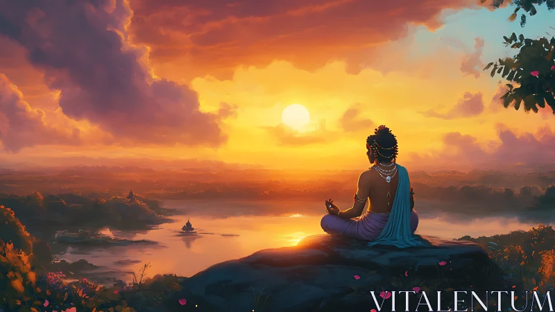 Sunset meditation welcomes calm over a glowing river valley