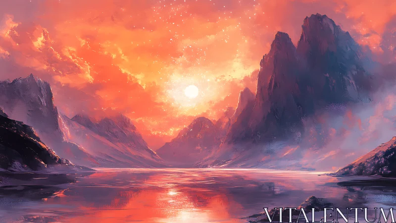 Radiant stellar sunset over glacial fjordscape with spectral haze.