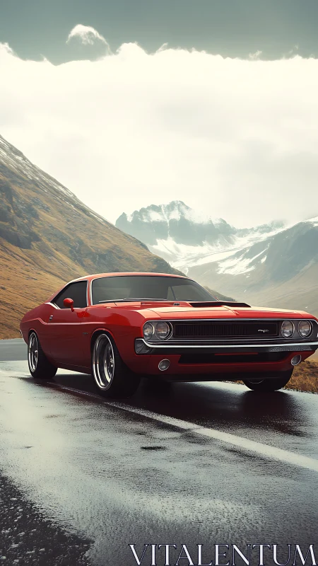Red muscle car commands a wet mountain pass in moody light