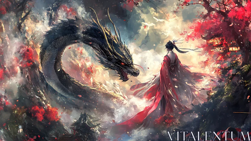Mystic dragon confronts lone woman amid crimson blossoms