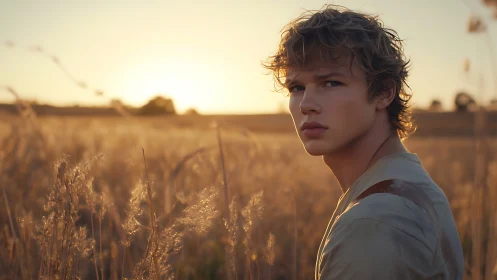 Sunlit young man gazing back in golden field at dusk.