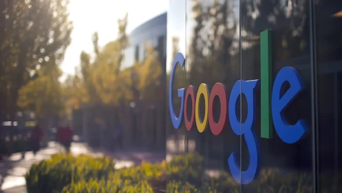 Google office exterior sign with blurred campus walkway.