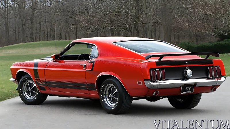 1970 classic fastback muscle car in vivid red, rear three-quarter