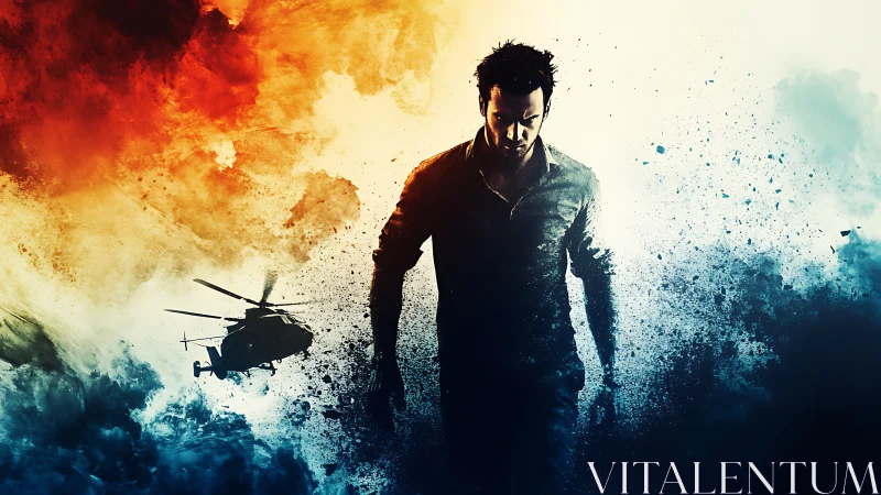 Dynamic action hero silhouette in explosive color diffusion.