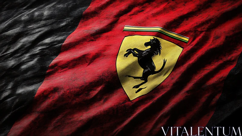 Photoreal racing banner with sculpted emblemial shield textile.