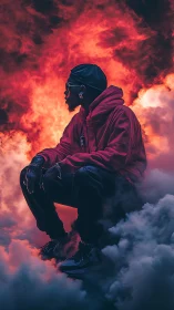 Photorealistic portrait in incendiary cloudscape composition.