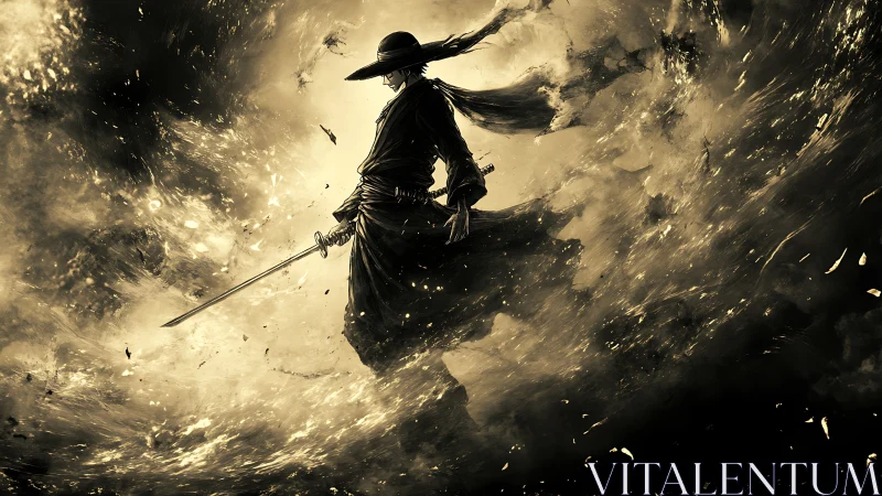 Stormlit ronin strides through swirling embers of dusk.