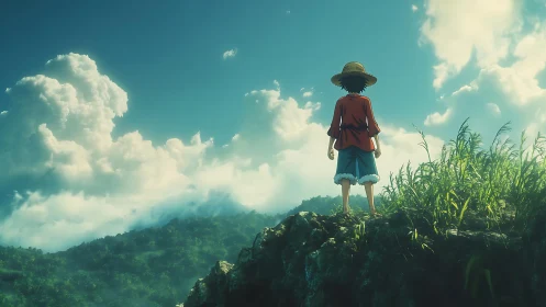 Anime wanderer surveys lush valley beneath towering clouds.