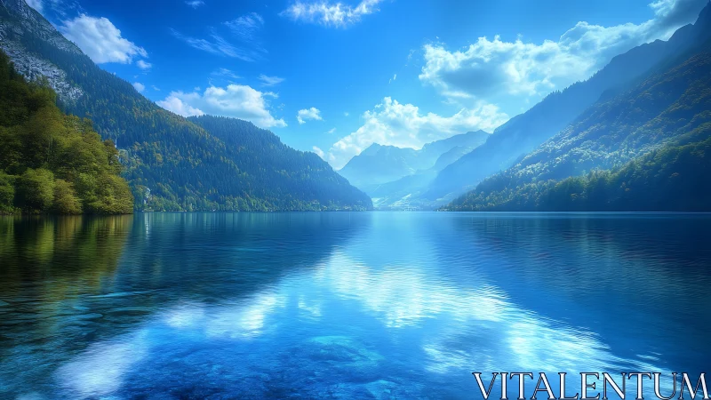 Silent blue lake cradled by sunlit misty mountains.