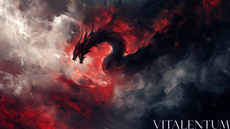 Fiery shadow dragon coils through storm-torn crimson clouds.
