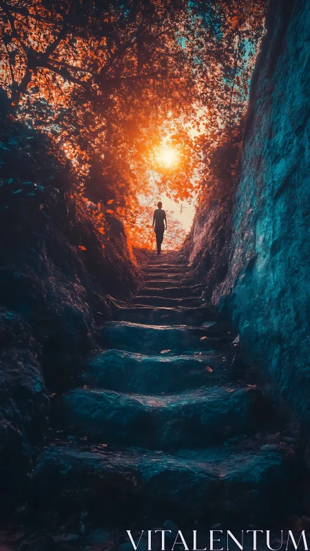 Chromatic stone stair ascent toward backlit arboreal aperture.