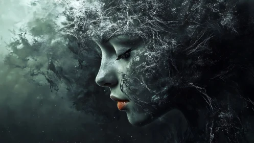 Surreal female profile merges with swirling dark textures