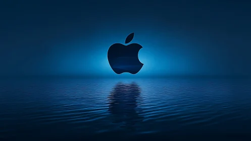 Apple style logo above dark reflective water surface.