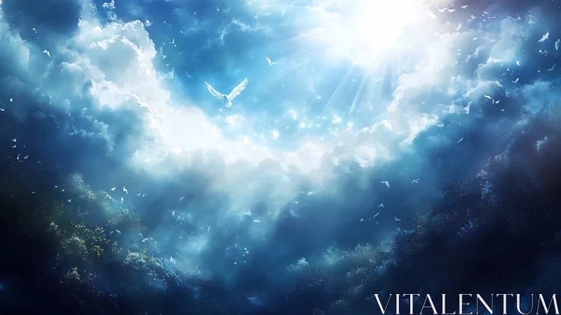 Celestial dove ascends through radiant cloudbreak sky.