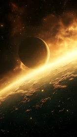 Planetary horizon with glowing sunlit atmosphere viewed from space.