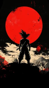 Lone warrior silhouette confronts a blazing blood-red moon