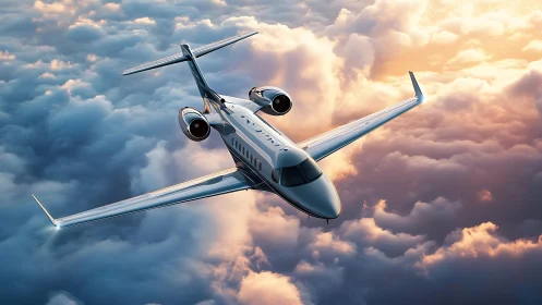 Luxury jet cuts through sunlit cumulonimbus cloudscape.