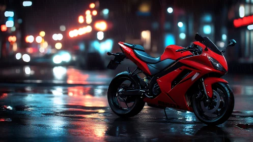 Red sport motorcycle gleams on a rainy neon city street at night.